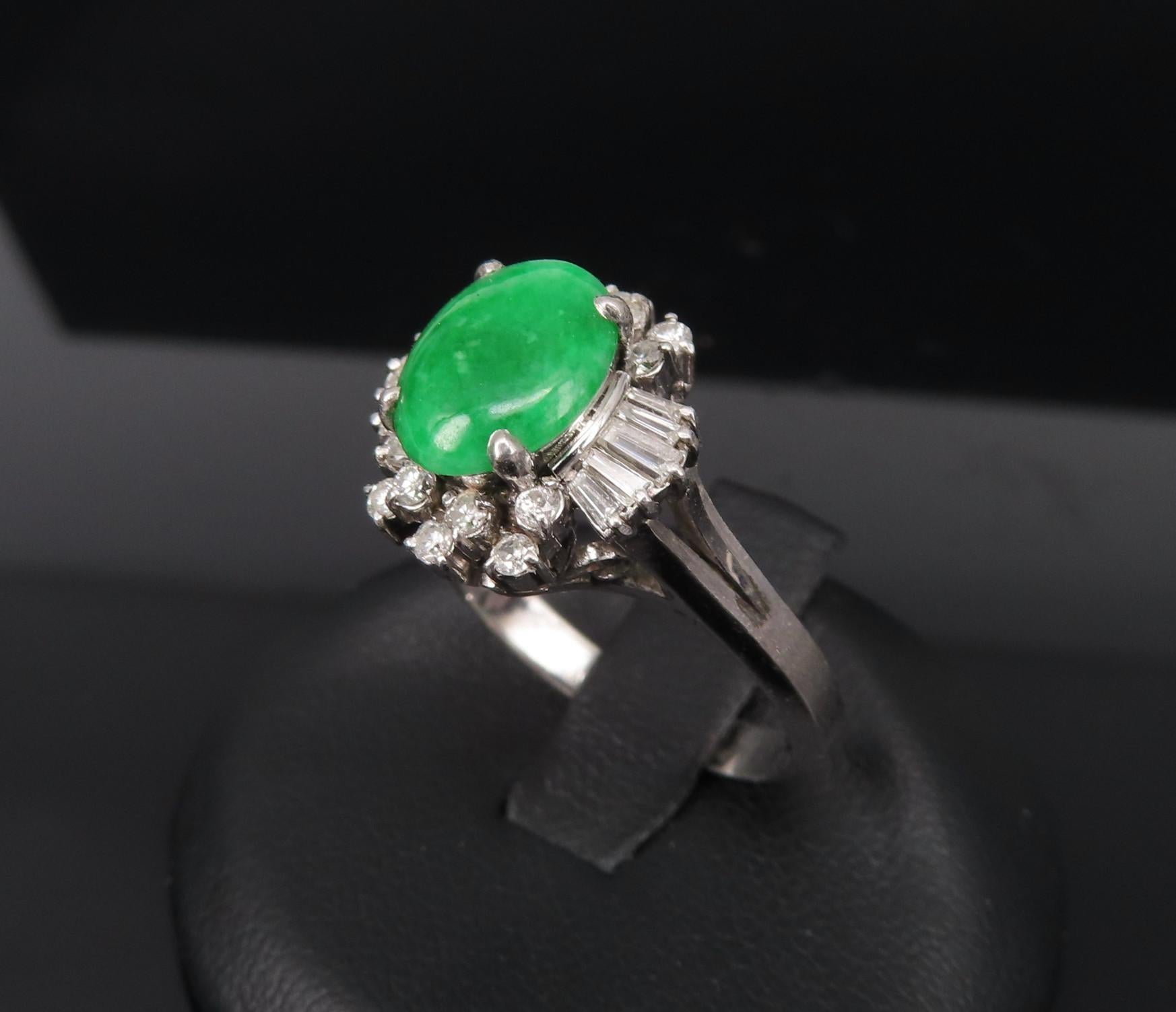 Vintage 1.10ct Natural Jadeite Jade & 0.49ct Diamond Platinum Ring, Size 7.25