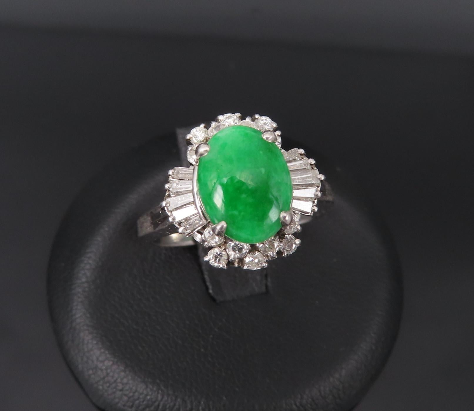 Vintage 1.10ct Natural Jadeite Jade & 0.49ct Diamond Platinum Ring, Size 7.25