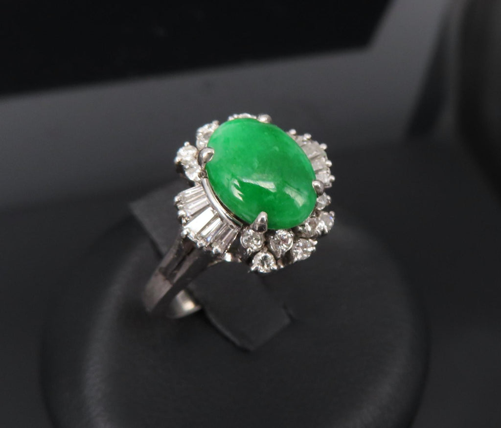 Vintage 1.10ct Natural Jadeite Jade & 0.49ct Diamond Platinum Ring, Size 7.25