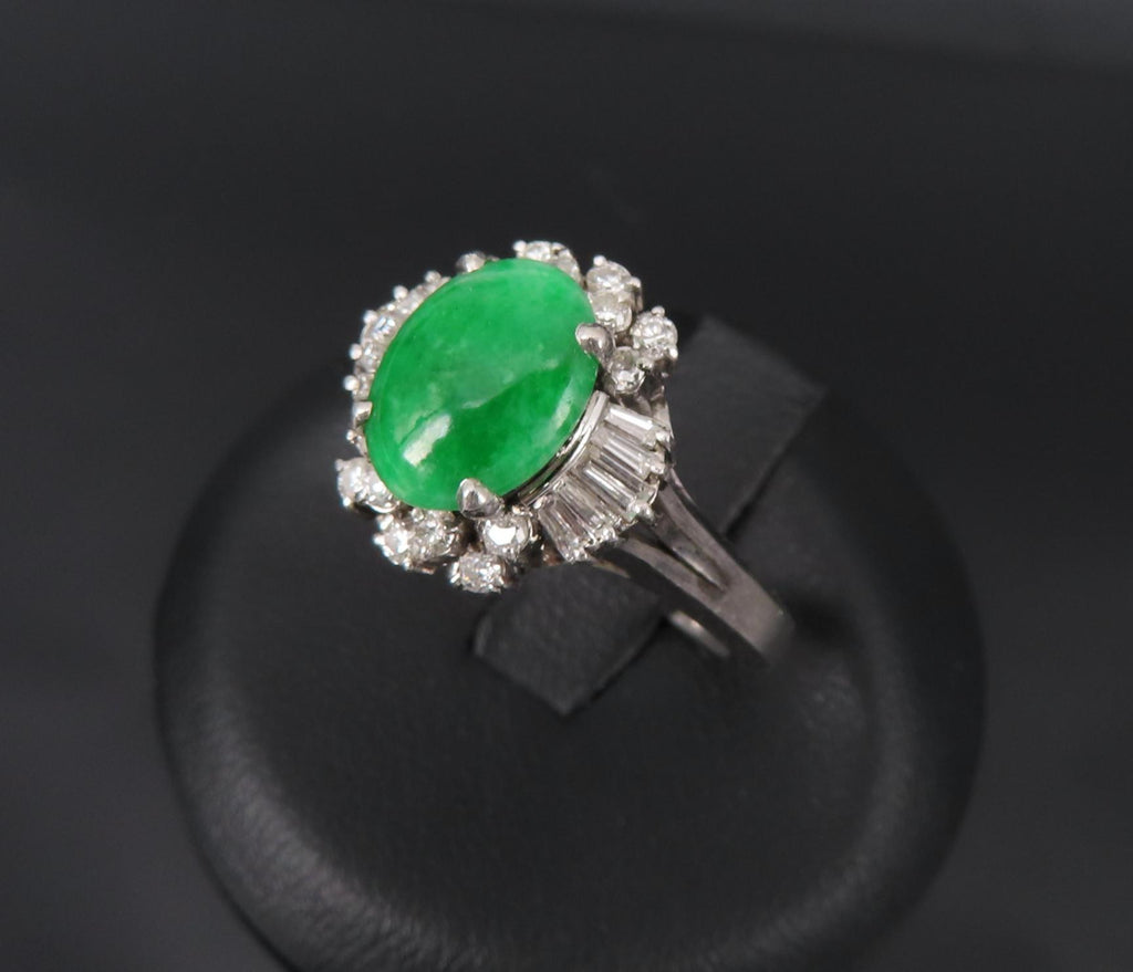 Vintage 1.10ct Natural Jadeite Jade & 0.49ct Diamond Platinum Ring, Size 7.25