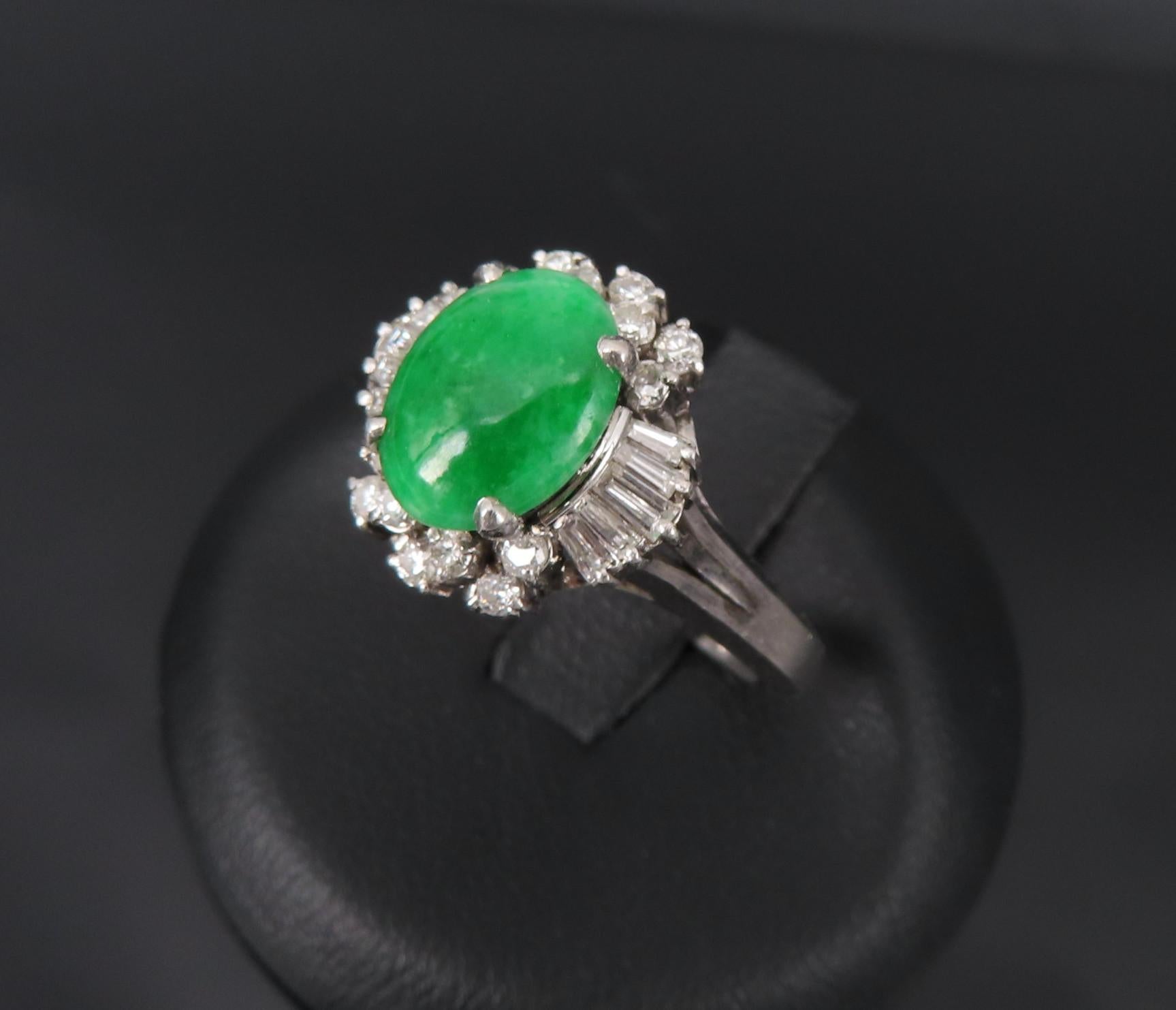 Vintage 1.10ct Natural Jadeite Jade & 0.49ct Diamond Platinum Ring, Size 7.25