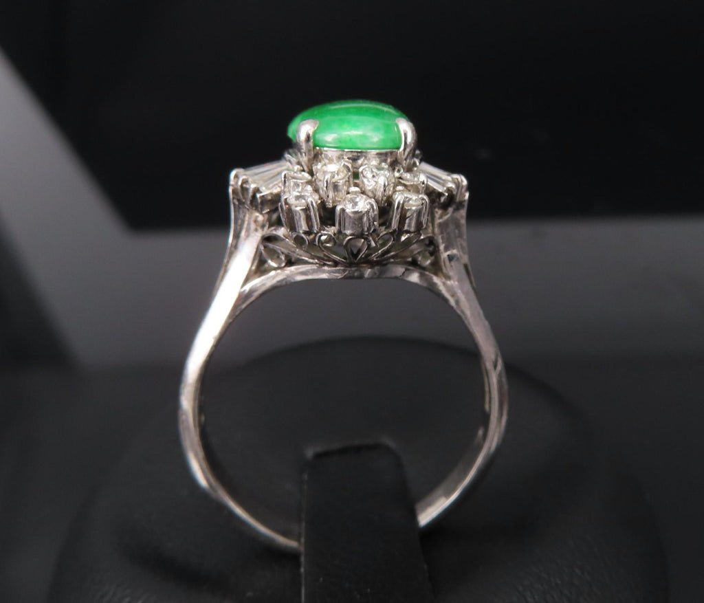 Vintage 1.10ct Natural Jadeite Jade & 0.49ct Diamond Platinum Ring, Size 7.25
