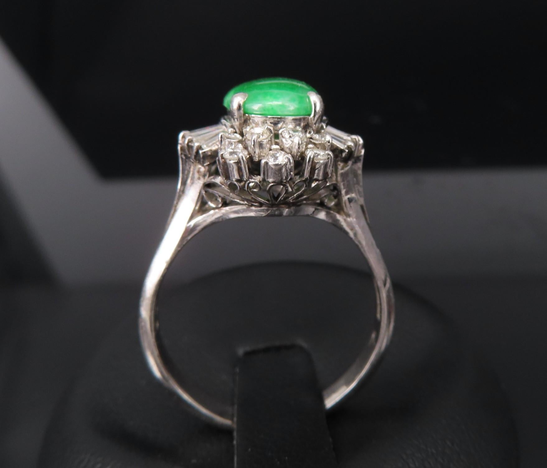 Vintage 1.10ct Natural Jadeite Jade & 0.49ct Diamond Platinum Ring, Size 7.25