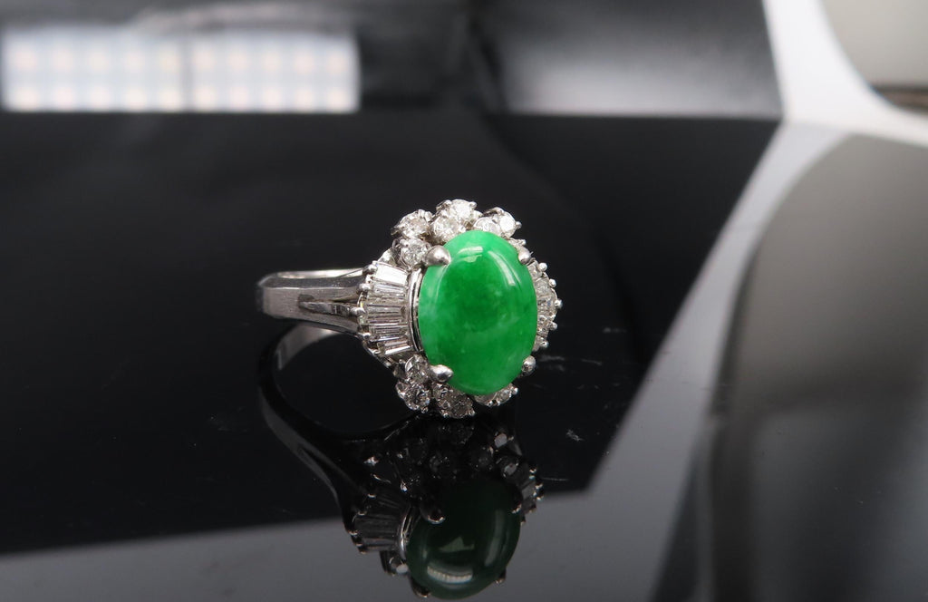 Vintage 1.10ct Natural Jadeite Jade & 0.49ct Diamond Platinum Ring, Size 7.25