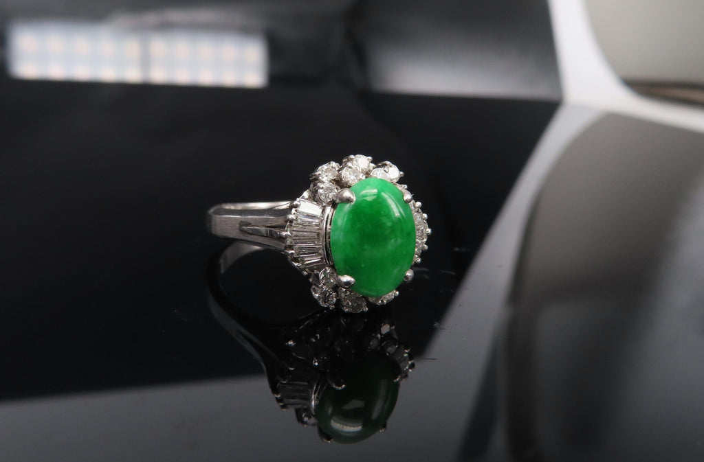 Vintage 1.10ct Natural Jadeite Jade & 0.49ct Diamond Platinum Ring, Size 7.25