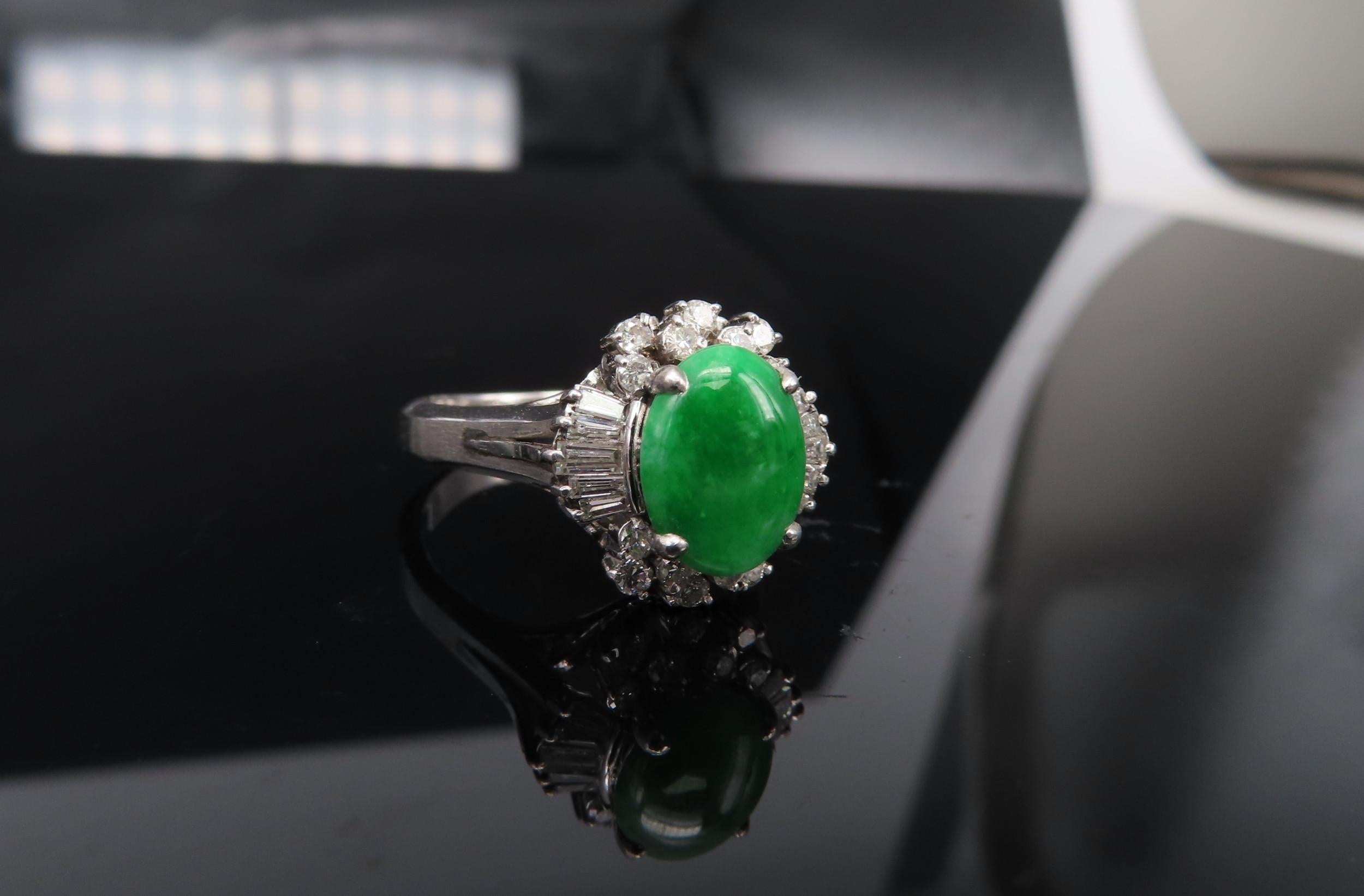 Vintage 1.10ct Natural Jadeite Jade & 0.49ct Diamond Platinum Ring, Size 7.25