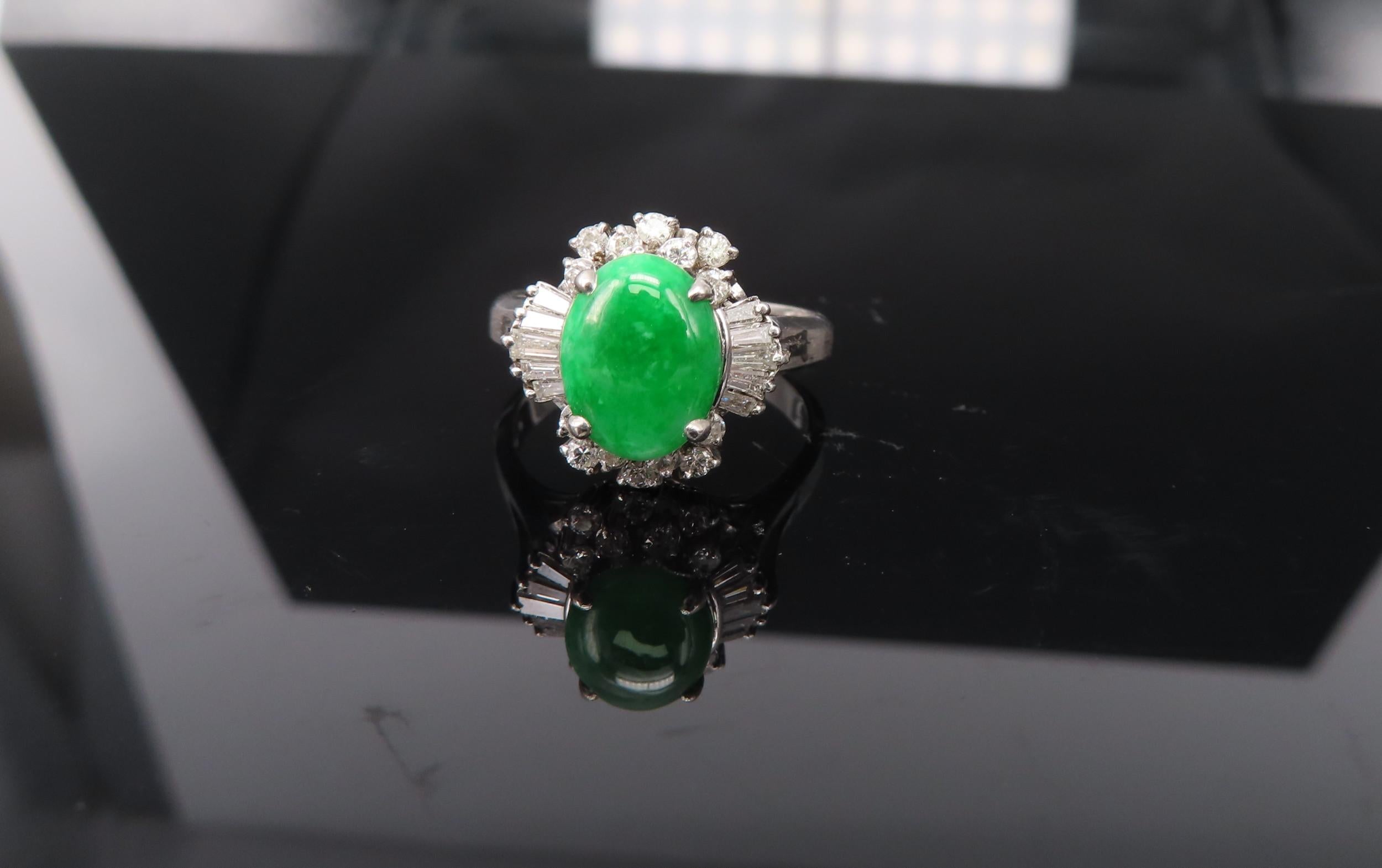 Vintage 1.10ct Natural Jadeite Jade & 0.49ct Diamond Platinum Ring, Size 7.25