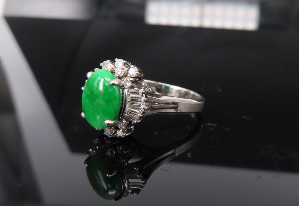 Vintage 1.10ct Natural Jadeite Jade & 0.49ct Diamond Platinum Ring, Size 7.25