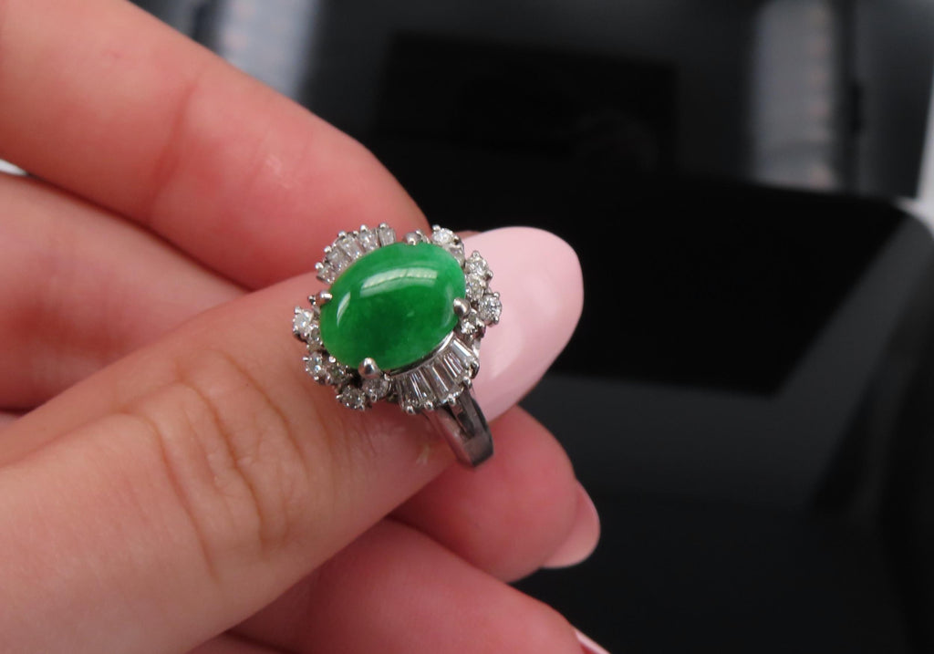 Vintage 1.10ct Natural Jadeite Jade & 0.49ct Diamond Platinum Ring, Size 7.25