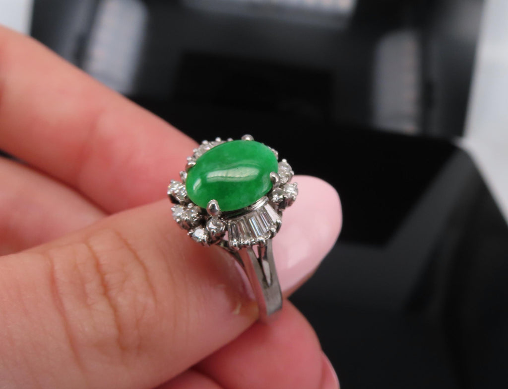 Vintage 1.10ct Natural Jadeite Jade & 0.49ct Diamond Platinum Ring, Size 7.25