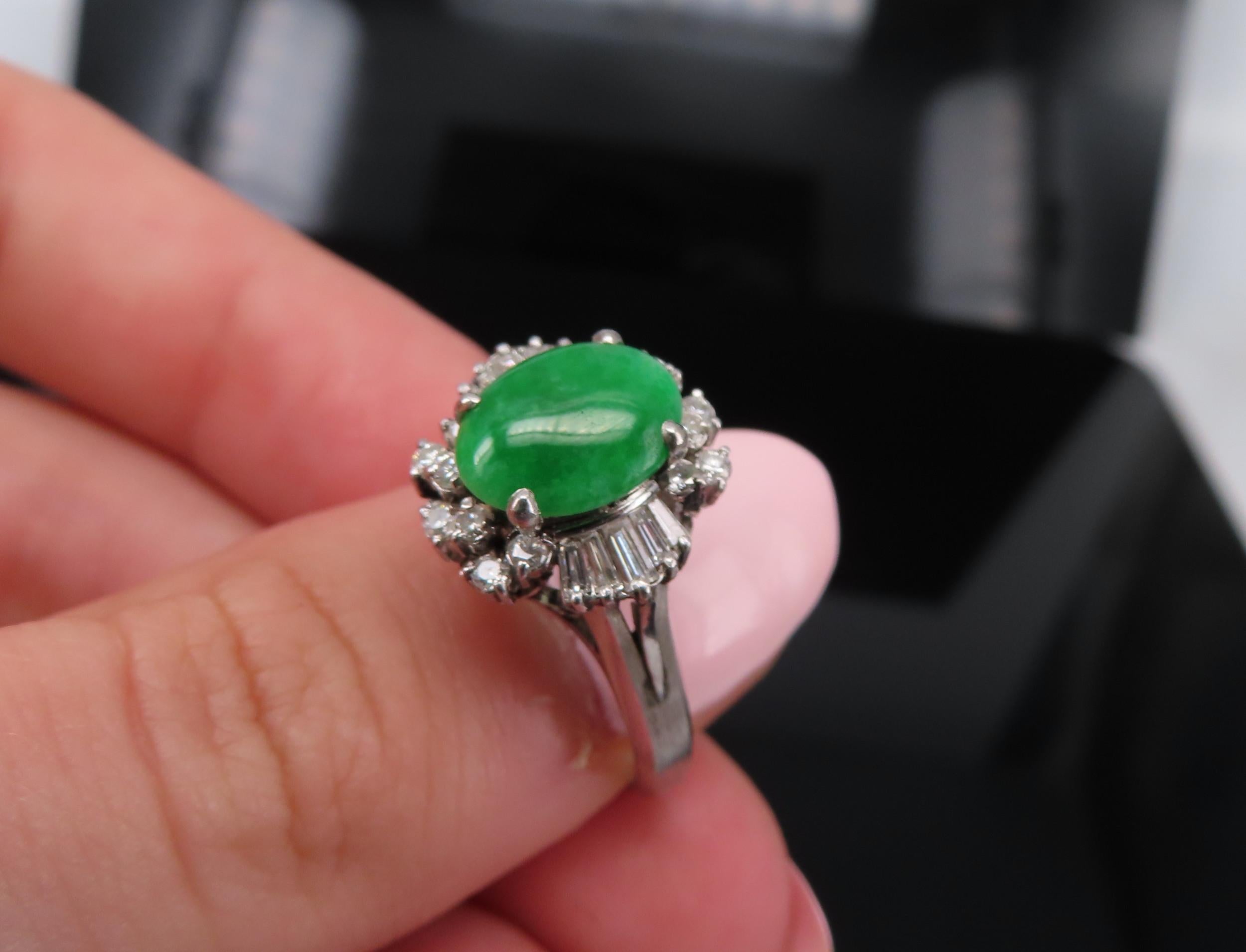Vintage 1.10ct Natural Jadeite Jade & 0.49ct Diamond Platinum Ring, Size 7.25