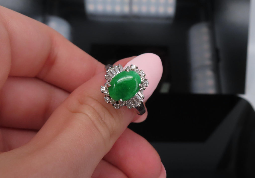 Vintage 1.10ct Natural Jadeite Jade & 0.49ct Diamond Platinum Ring, Size 7.25