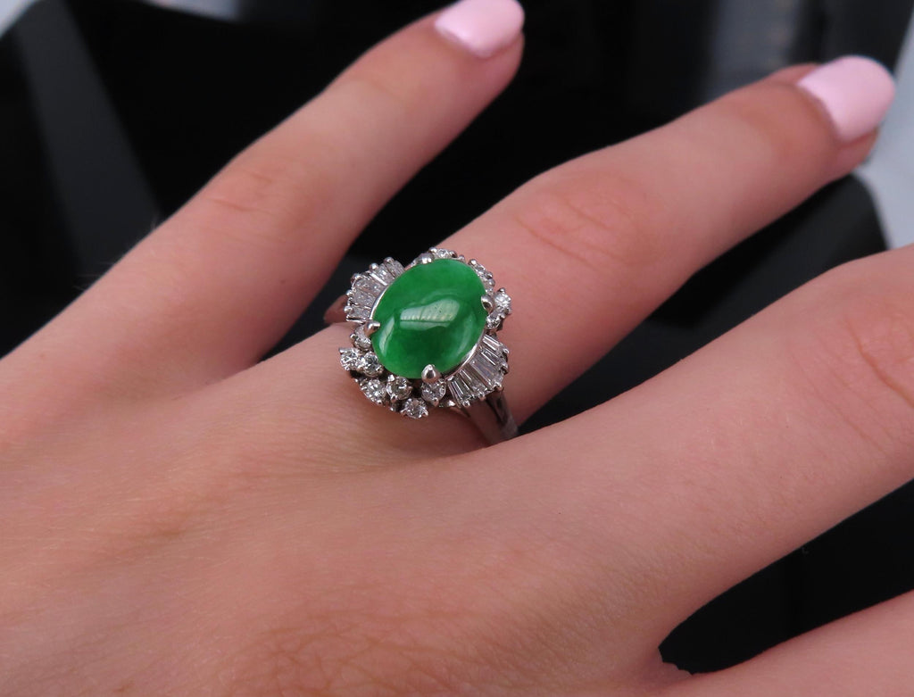 Vintage 1.10ct Natural Jadeite Jade & 0.49ct Diamond Platinum Ring, Size 7.25
