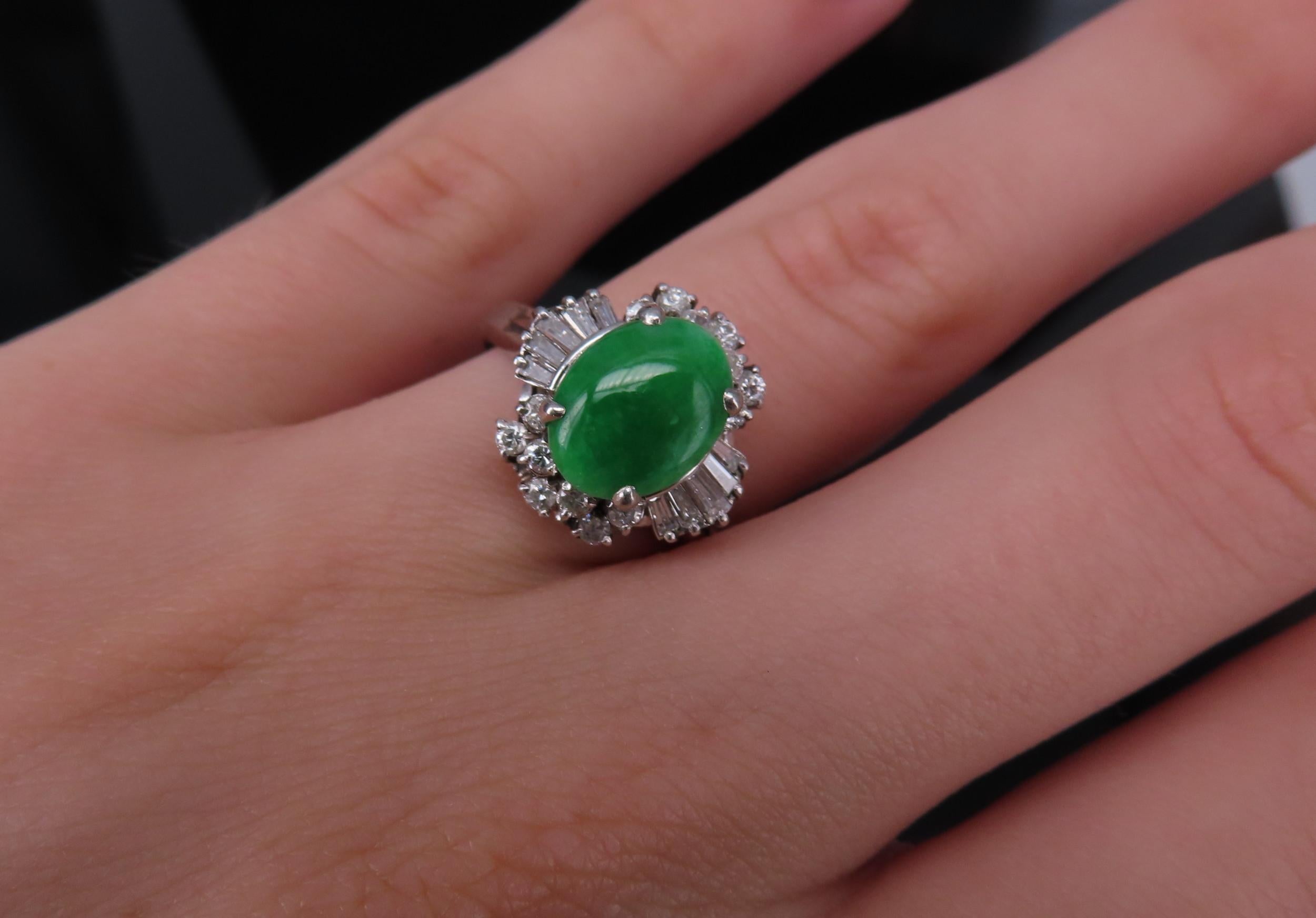 Vintage 1.10ct Natural Jadeite Jade & 0.49ct Diamond Platinum Ring, Size 7.25