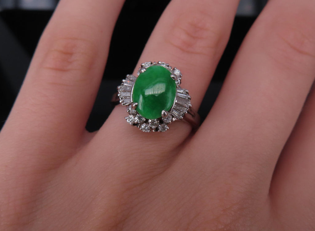 Vintage 1.10ct Natural Jadeite Jade & 0.49ct Diamond Platinum Ring, Size 7.25