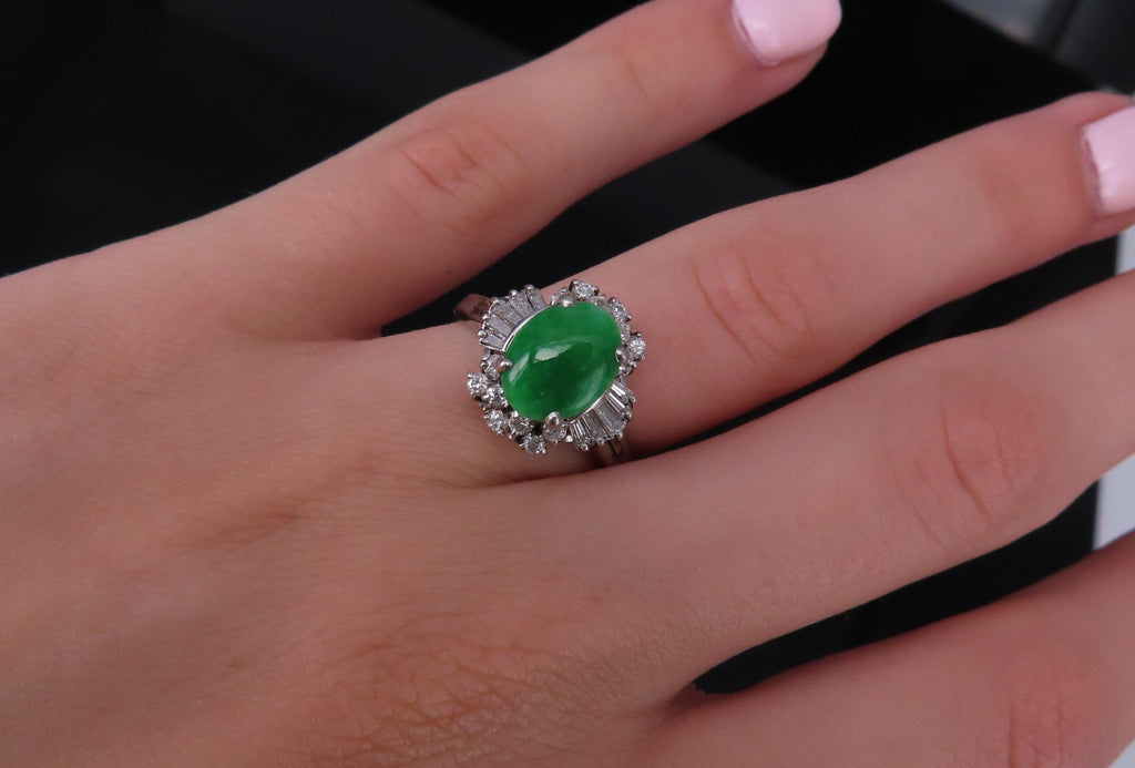 Vintage 1.10ct Natural Jadeite Jade & 0.49ct Diamond Platinum Ring, Size 7.25