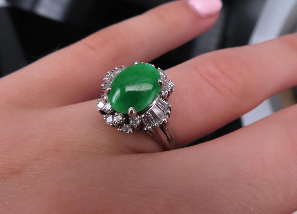 Vintage 1.10ct Natural Jadeite Jade & 0.49ct Diamond Platinum Ring, Size 7.25