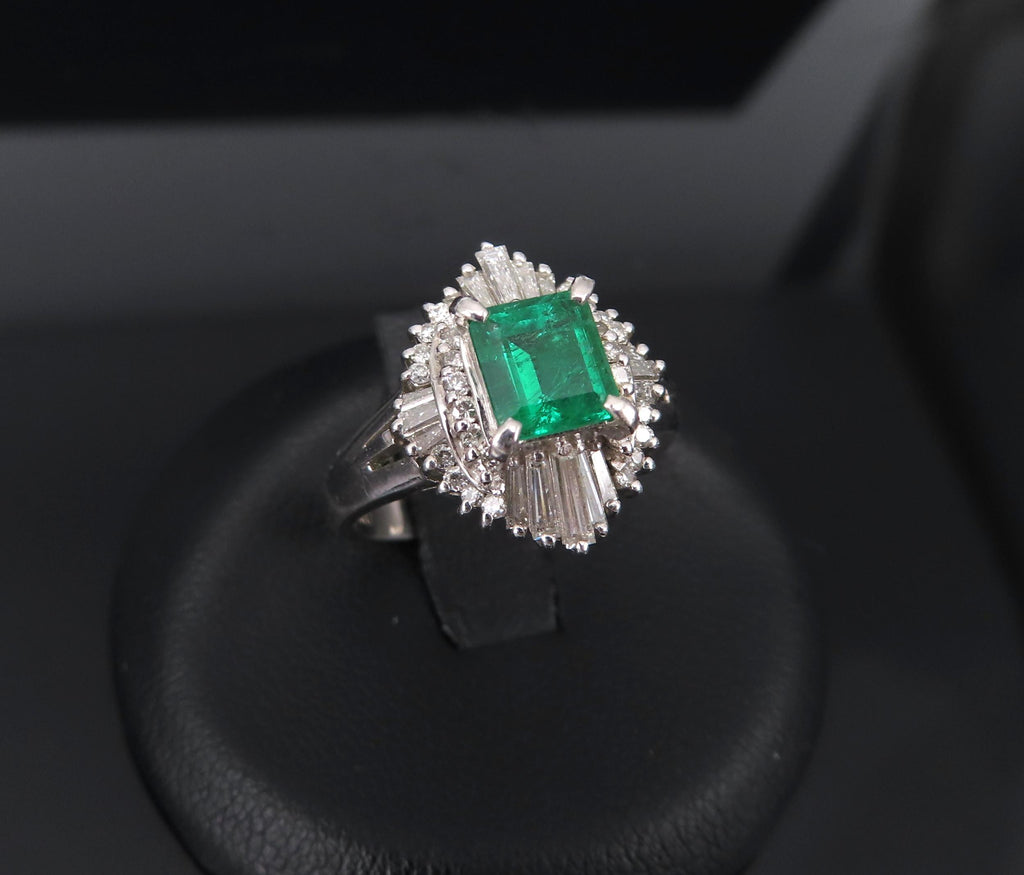 0.73ct Colombian Intense Green Emerald & 0.57ct Diamond Platinum Ring Size 5.25