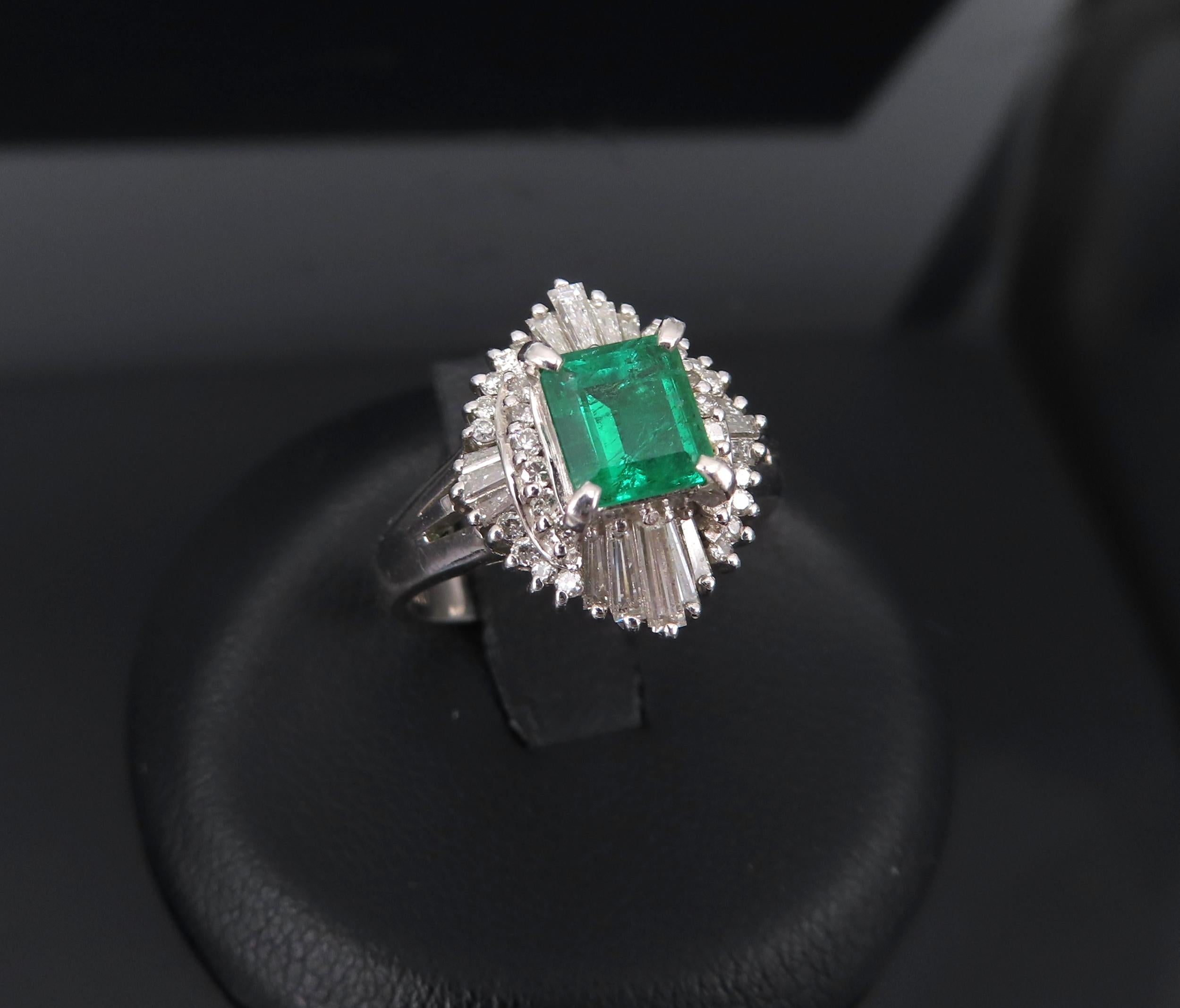 0.73ct Colombian Intense Green Emerald & 0.57ct Diamond Platinum Ring Size 5.25