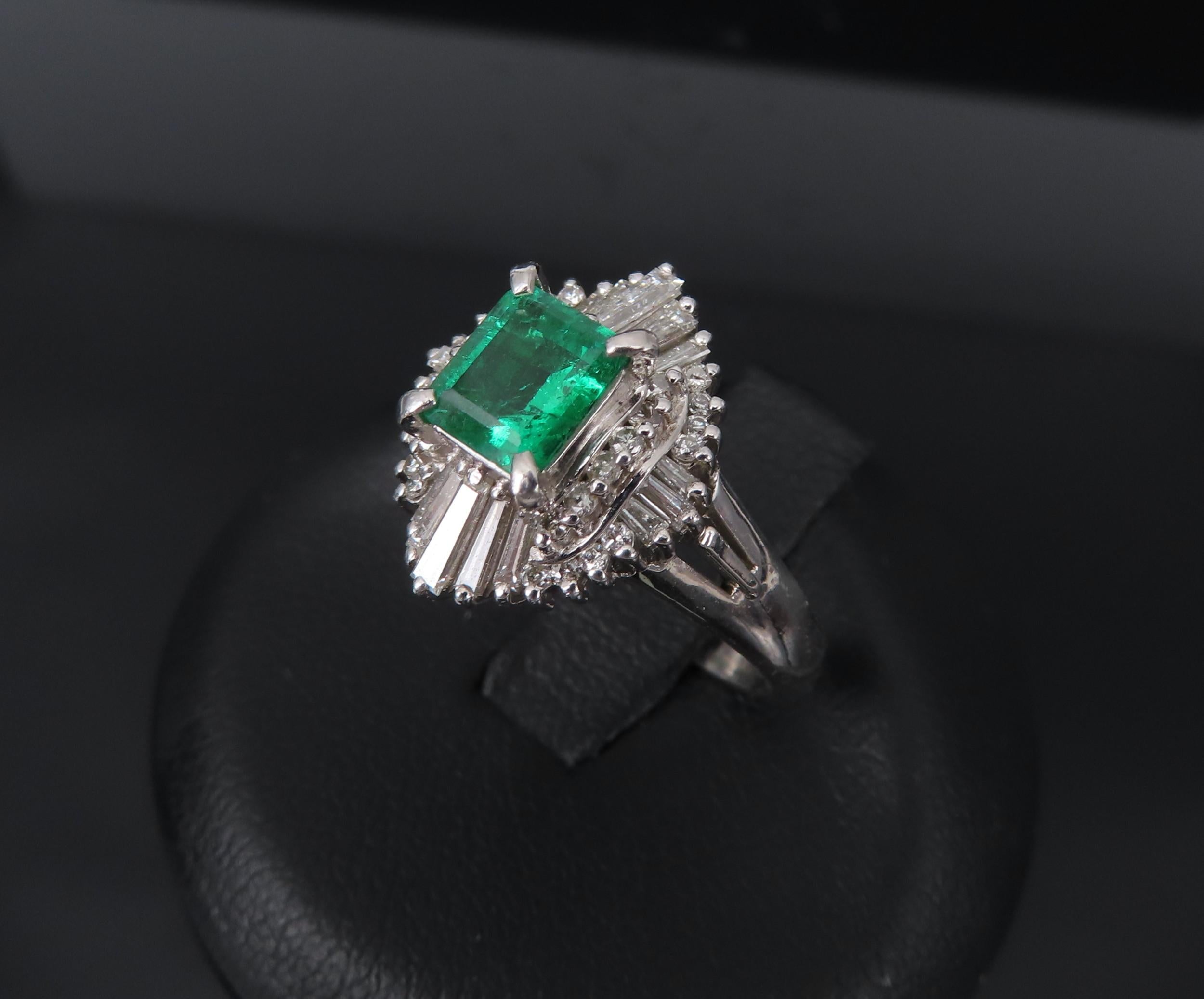 0.73ct Colombian Intense Green Emerald & 0.57ct Diamond Platinum Ring Size 5.25