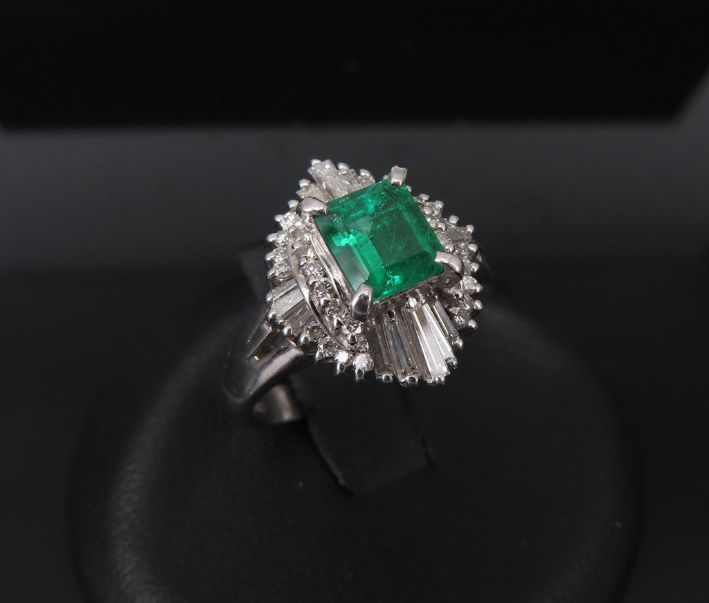 0.73ct Colombian Intense Green Emerald & 0.57ct Diamond Platinum Ring Size 5.25