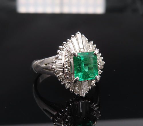 0.73ct Colombian Intense Green Emerald & 0.57ct Diamond Platinum Ring Size 5.25