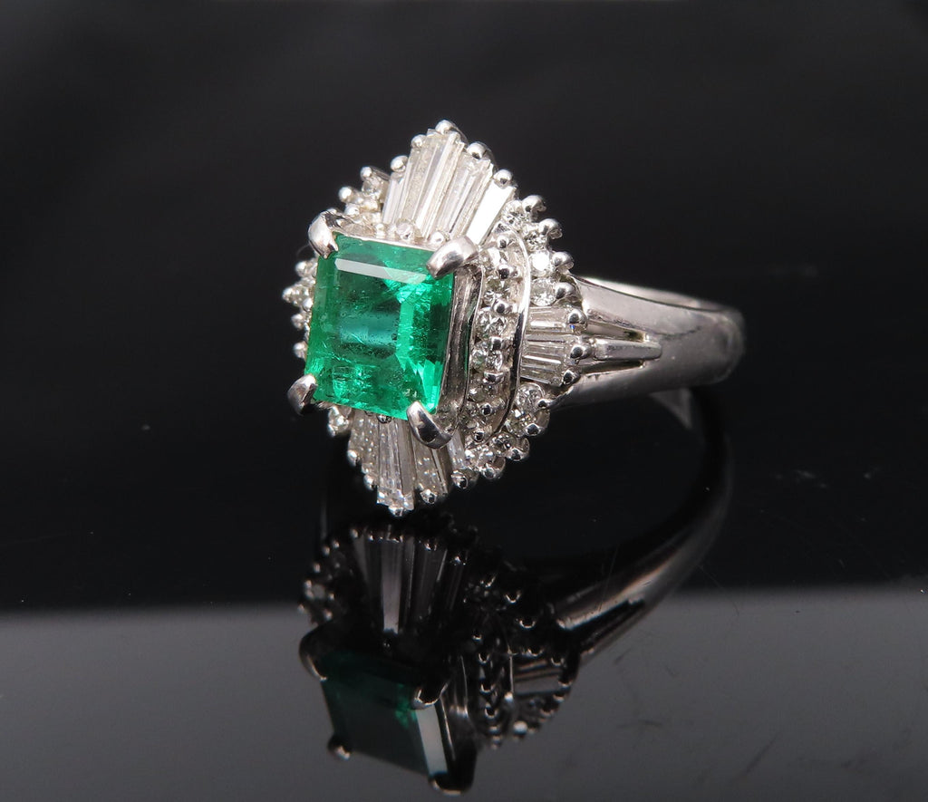 0.73ct Colombian Intense Green Emerald & 0.57ct Diamond Platinum Ring Size 5.25