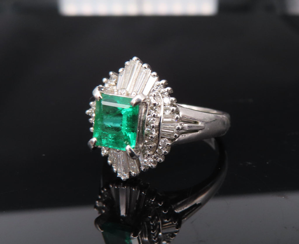 0.73ct Colombian Intense Green Emerald & 0.57ct Diamond Platinum Ring Size 5.25