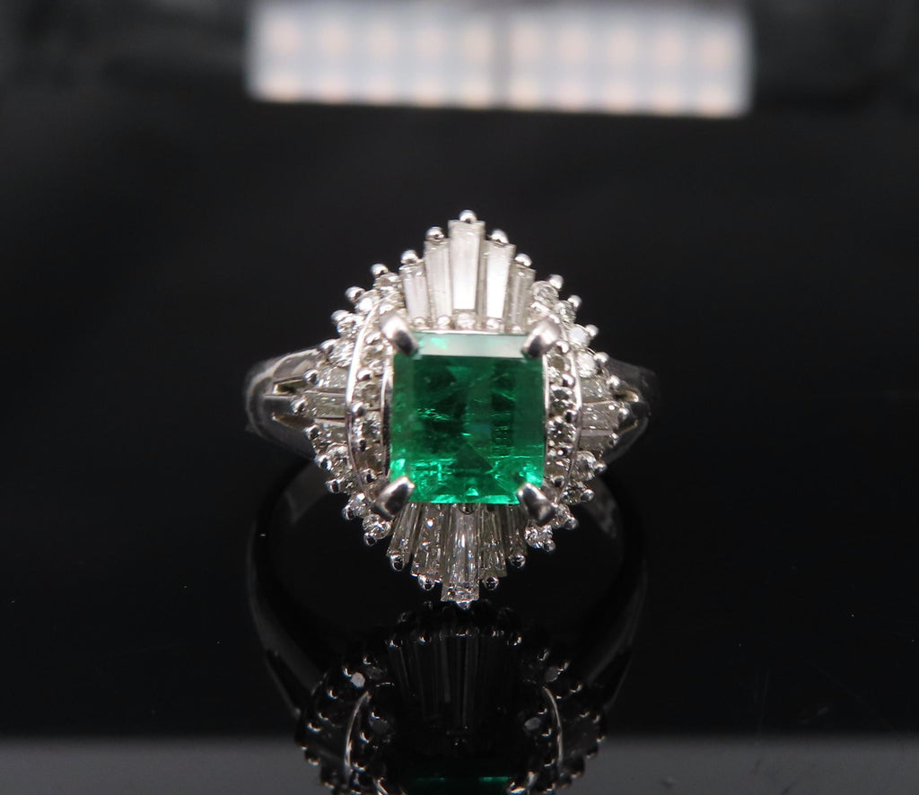 0.73ct Colombian Intense Green Emerald & 0.57ct Diamond Platinum Ring Size 5.25
