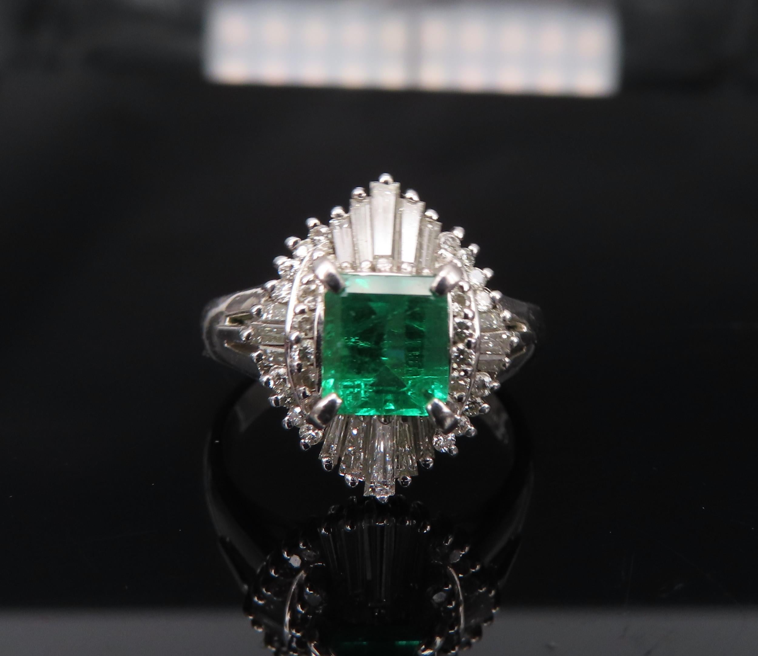 0.73ct Colombian Intense Green Emerald & 0.57ct Diamond Platinum Ring Size 5.25