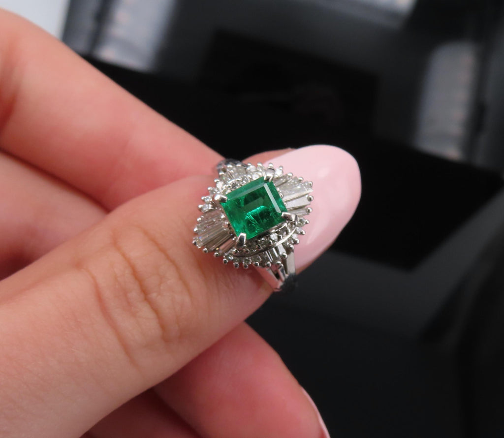 0.73ct Colombian Intense Green Emerald & 0.57ct Diamond Platinum Ring Size 5.25