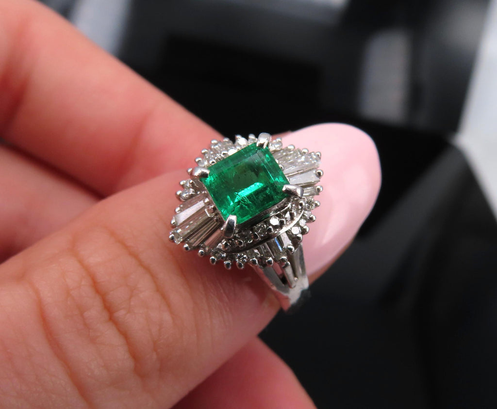 0.73ct Colombian Intense Green Emerald & 0.57ct Diamond Platinum Ring Size 5.25