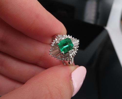 0.73ct Colombian Intense Green Emerald & 0.57ct Diamond Platinum Ring Size 5.25