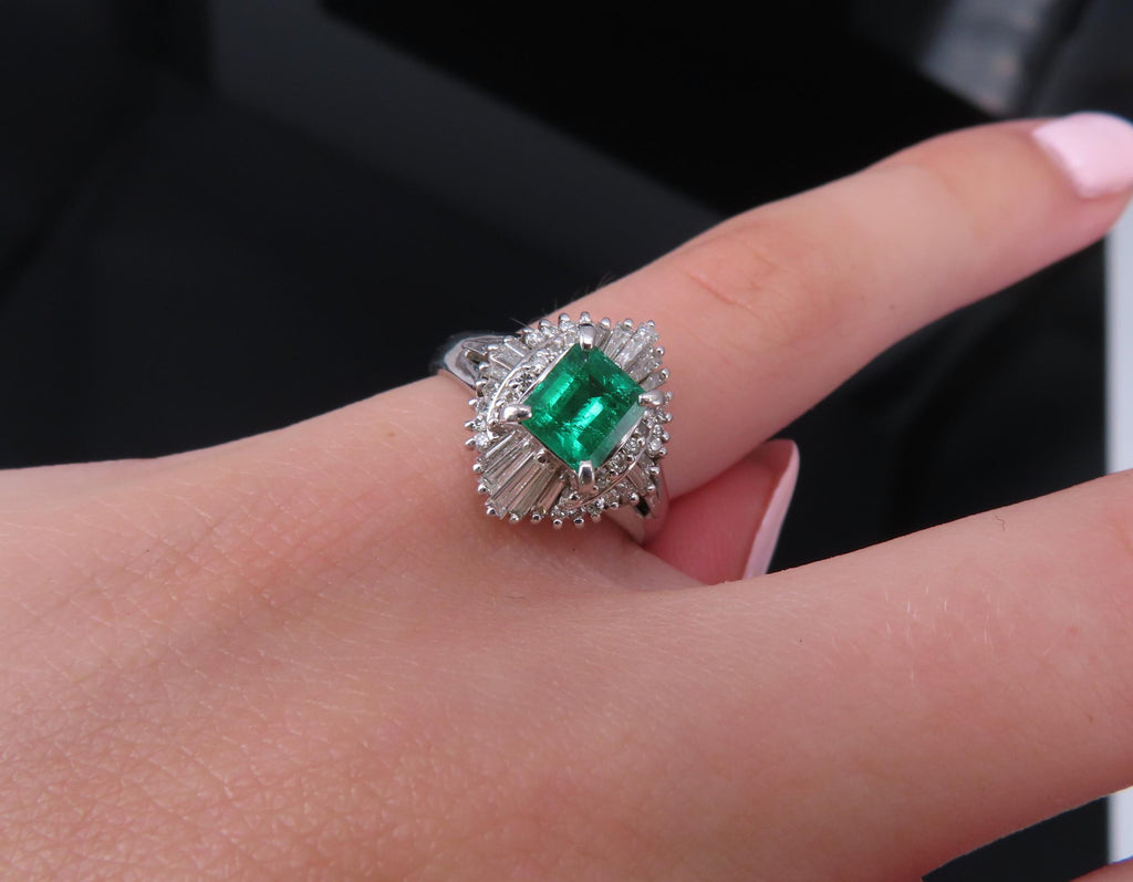 0.73ct Colombian Intense Green Emerald & 0.57ct Diamond Platinum Ring Size 5.25