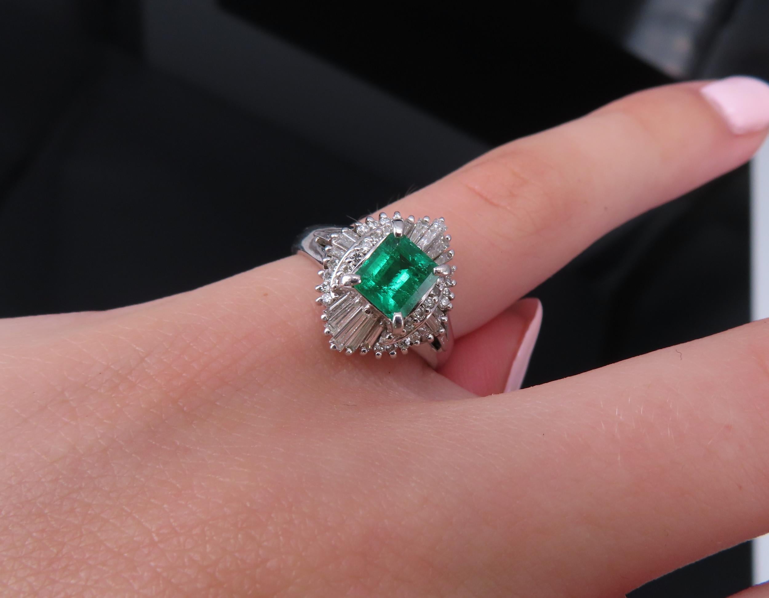 0.73ct Colombian Intense Green Emerald & 0.57ct Diamond Platinum Ring Size 5.25