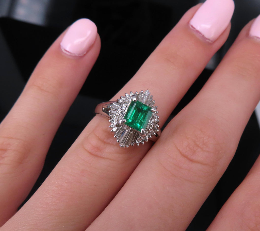 0.73ct Colombian Intense Green Emerald & 0.57ct Diamond Platinum Ring Size 5.25