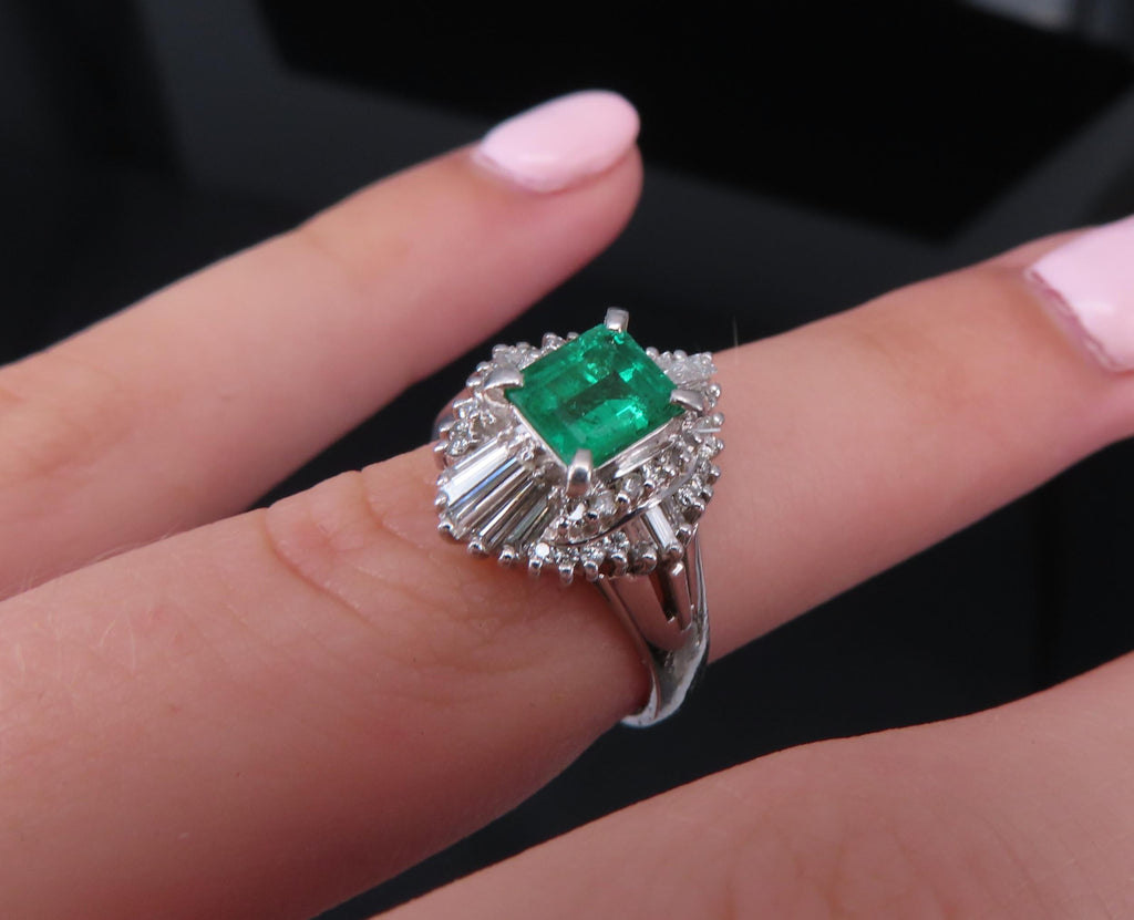 0.73ct Colombian Intense Green Emerald & 0.57ct Diamond Platinum Ring Size 5.25