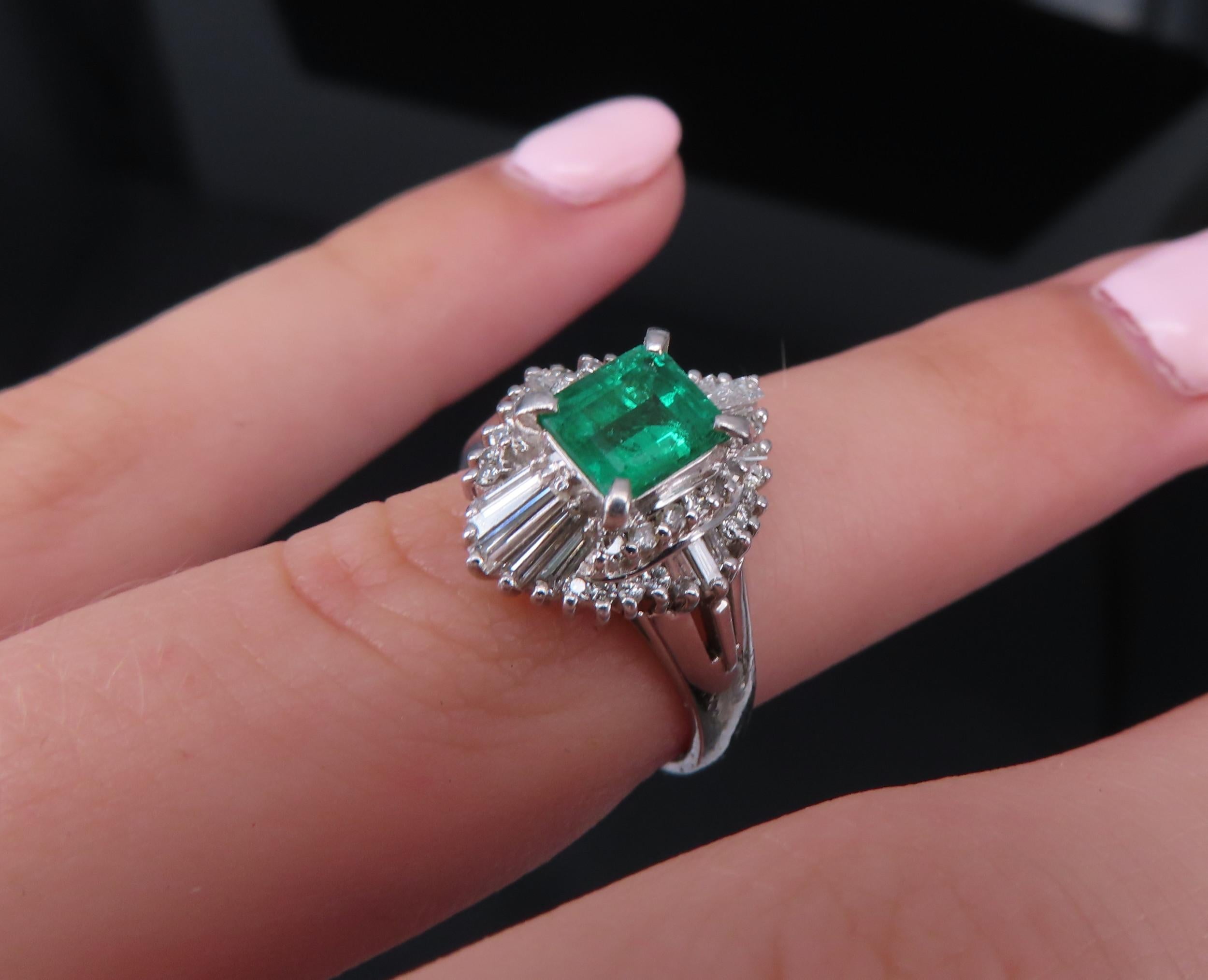 0.73ct Colombian Intense Green Emerald & 0.57ct Diamond Platinum Ring Size 5.25