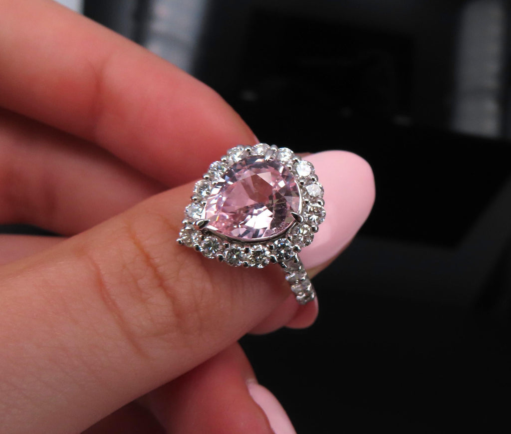 Fine 4.07ct Pear Shape GIA Pink Sapphire 1.36ct Diamond Platinum Ring Size 6.25