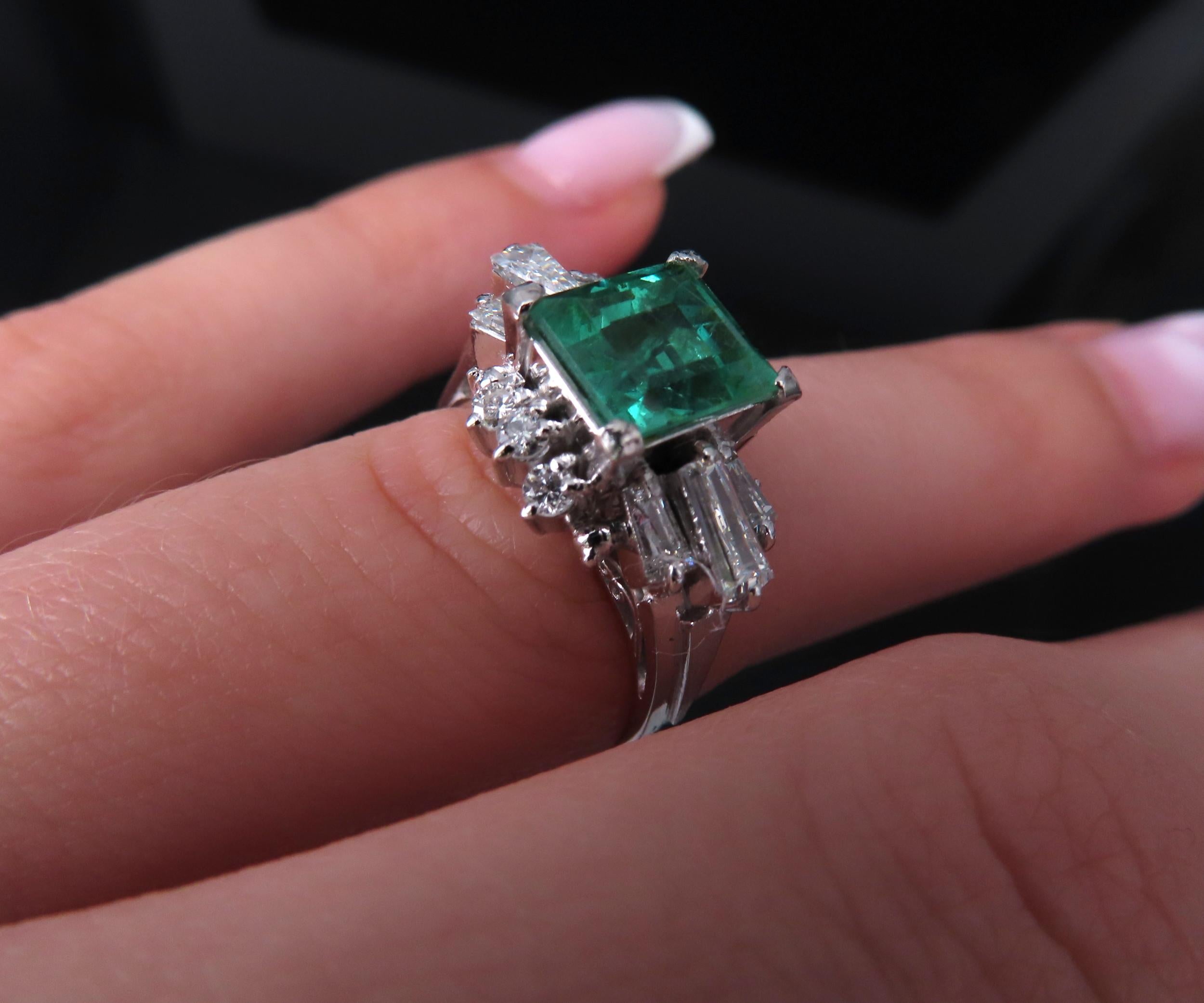Fine Clean 1.48ct GIA No Oil Emerald 0.76ct Diamond Platinum Ring, Size 5.5