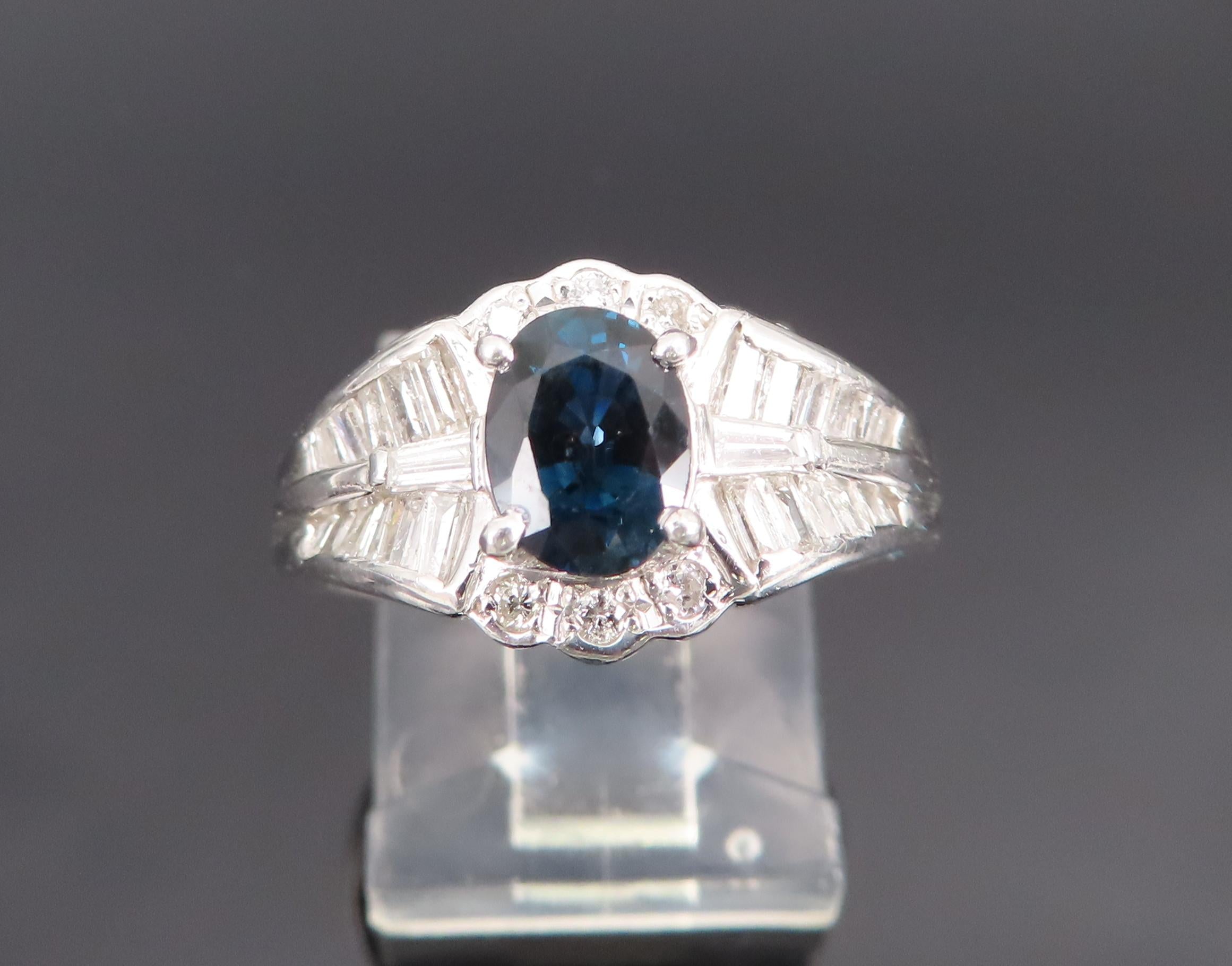 Vintage 1.07ct Deep Blue Sapphire & 0.48ct Diamond Platinum Ring Size 7
