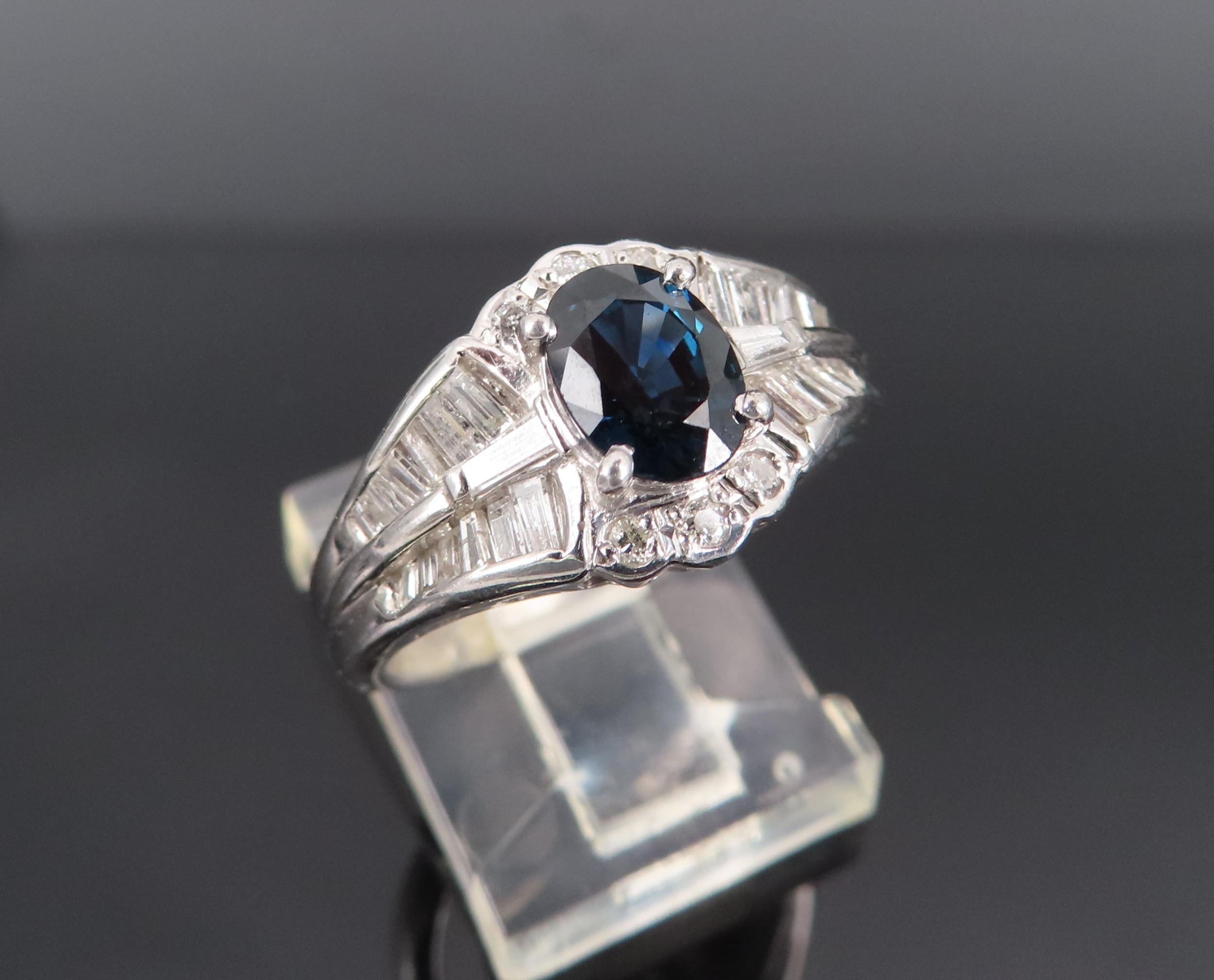 Vintage 1.07ct Deep Blue Sapphire & 0.48ct Diamond Platinum Ring Size 7