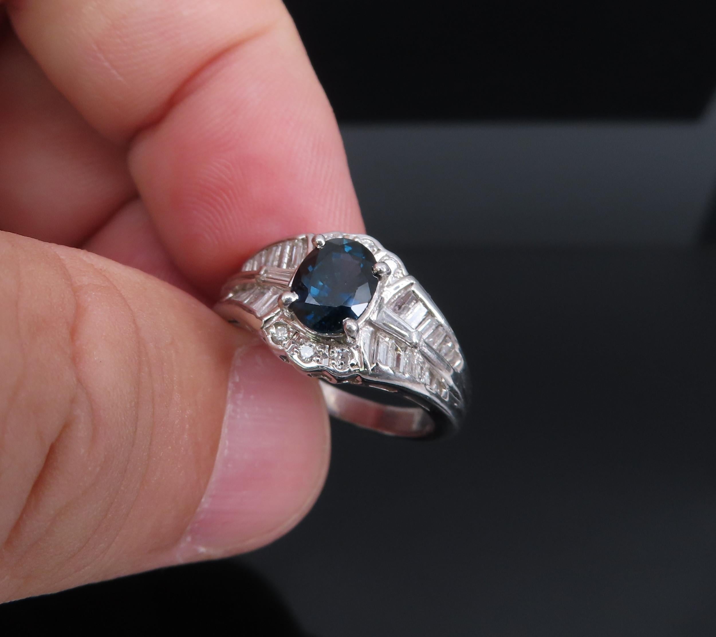 Vintage 1.07ct Deep Blue Sapphire & 0.48ct Diamond Platinum Ring Size 7