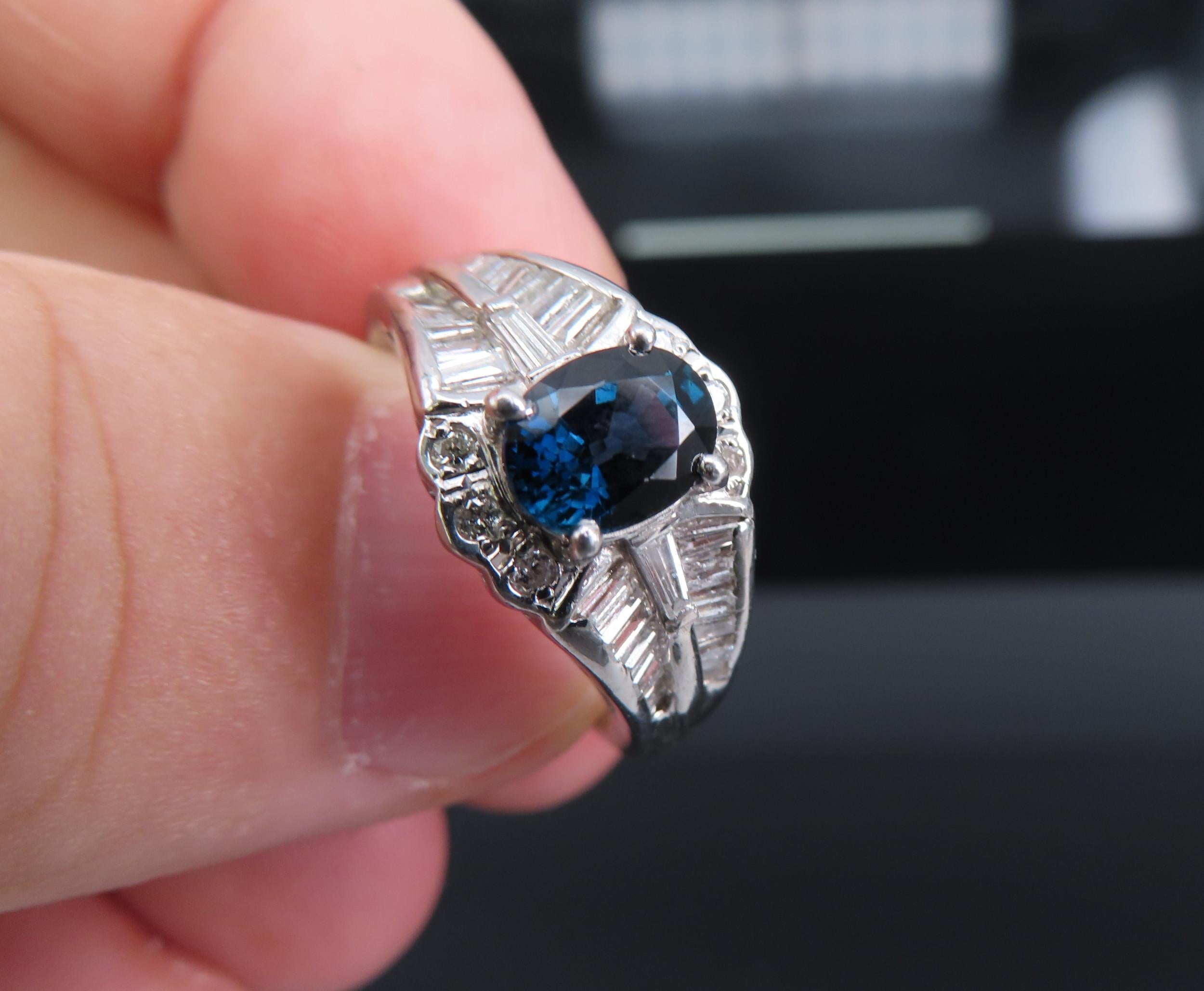 Vintage 1.07ct Deep Blue Sapphire & 0.48ct Diamond Platinum Ring Size 7