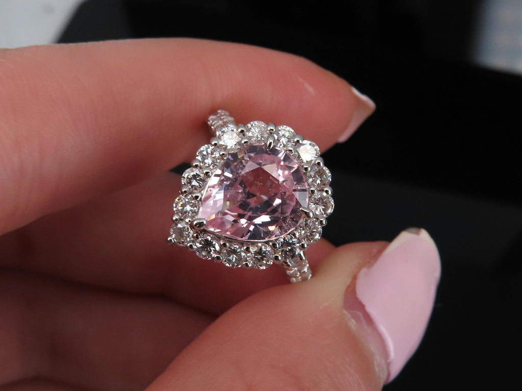 Fine 4.07ct Pear Shape GIA Pink Sapphire 1.36ct Diamond Platinum Ring Size 6.25