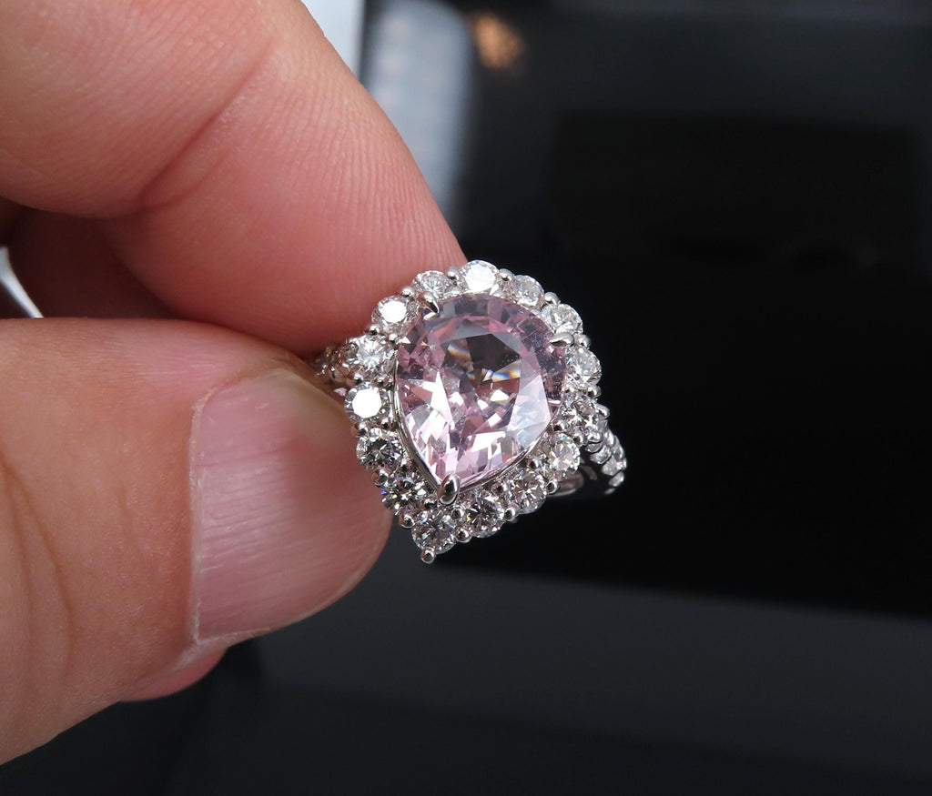 Fine 4.07ct Pear Shape GIA Pink Sapphire 1.36ct Diamond Platinum Ring Size 6.25