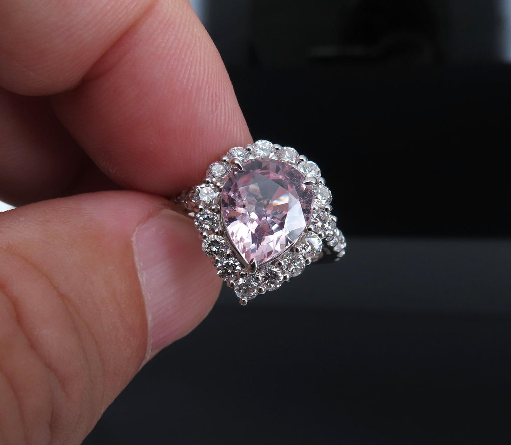 Fine 4.07ct Pear Shape GIA Pink Sapphire 1.36ct Diamond Platinum Ring Size 6.25