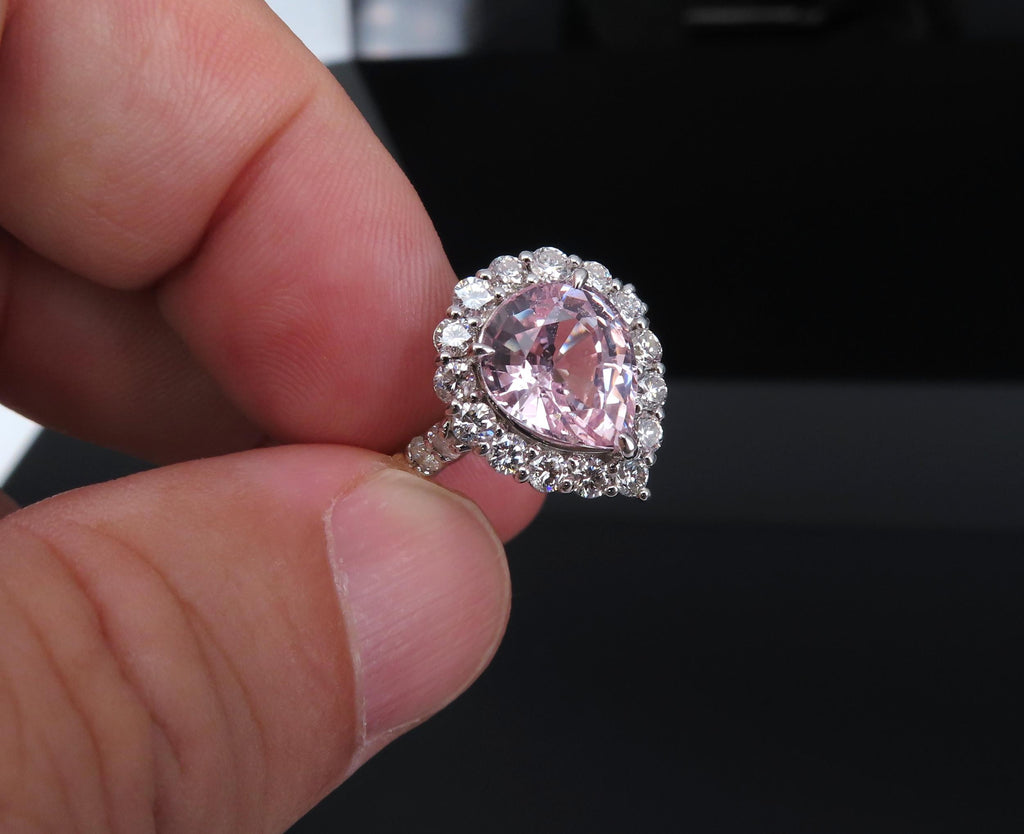 Fine 4.07ct Pear Shape GIA Pink Sapphire 1.36ct Diamond Platinum Ring Size 6.25
