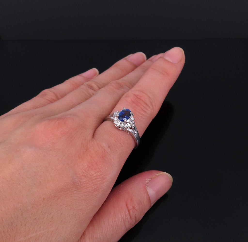Vintage 0.96ct Blue Sapphire & 0.26ct Diamond Platinum Cocktail Ring Size 7
