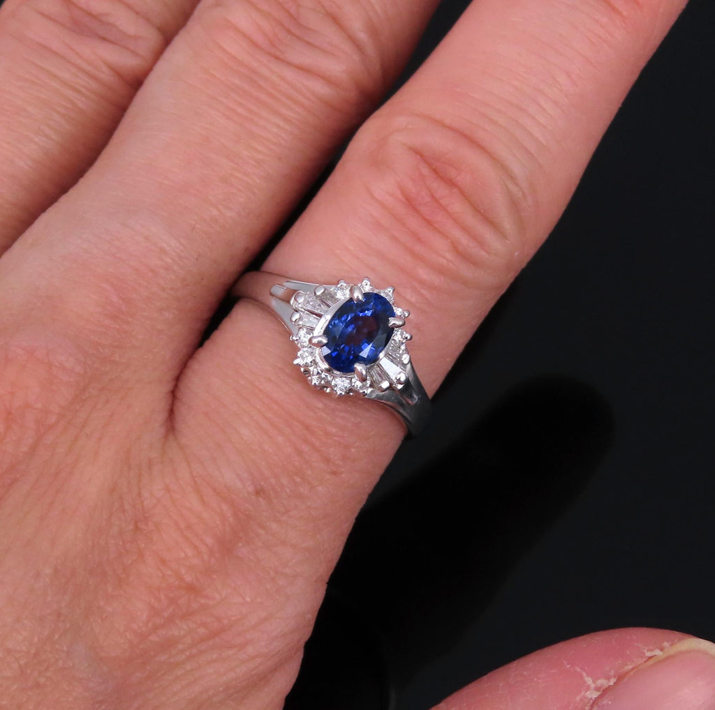 Vintage 0.96ct Blue Sapphire & 0.26ct Diamond Platinum Cocktail Ring Size 7